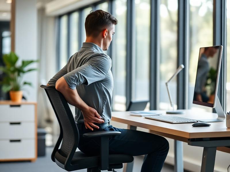 Person führt eine Hüftdehnung am Büroarbeitsplatz durch
